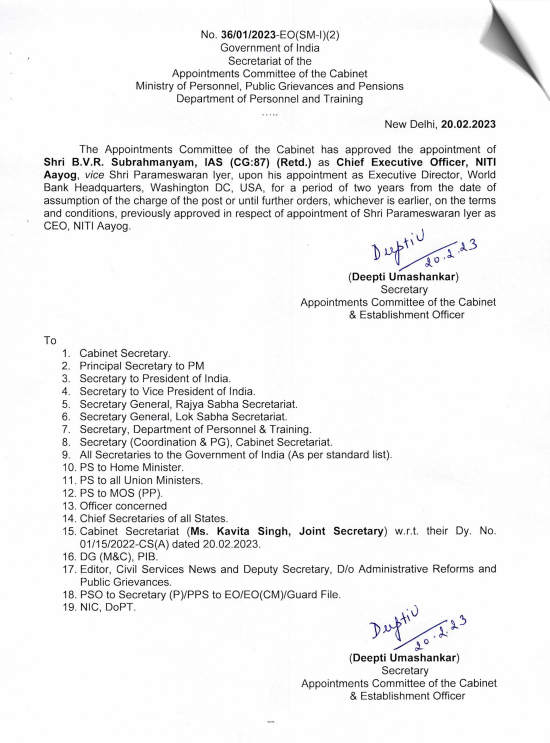 BVR Subrahmanyam appointed the new Chief Executive Officer (CEO) of NITI Aayog