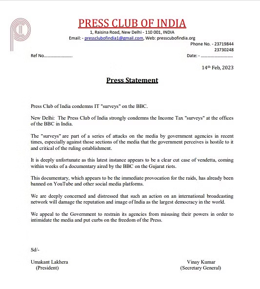 Press Club of India condemns IT surveys at BBC offices