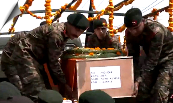 Mortal remains of Rifleman Sunil Kumar brought to his residence in Jammu