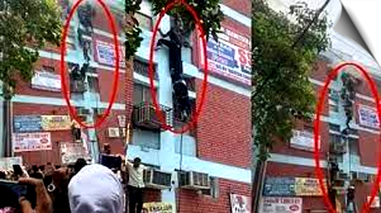 दिल्ली के मुखर्जी नगर में एक इमारत में लगी आग, तार से लेटकर, खिड़की से कूदे बच्चे जान बचाते दिखे